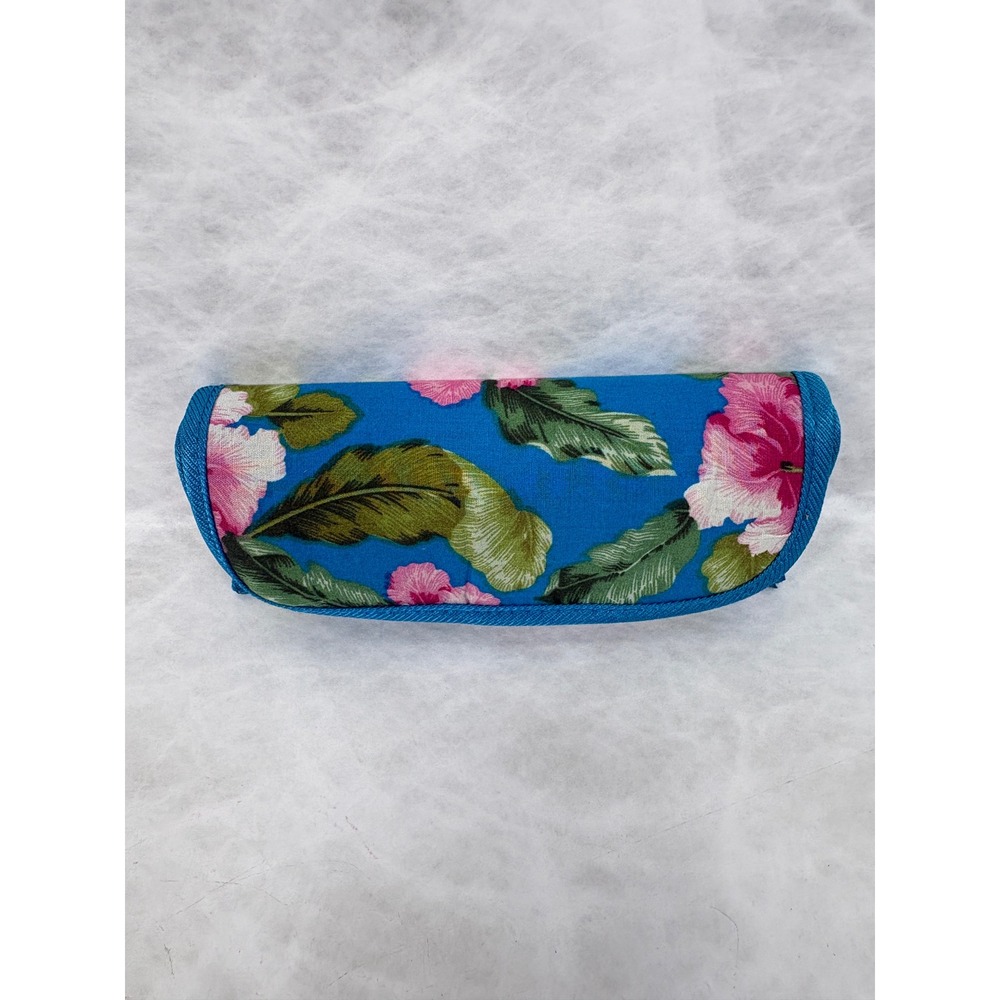 Tropical Blue Hibiscus Floral Soft Eyeglass Case Pink Green Palm Leaf Print